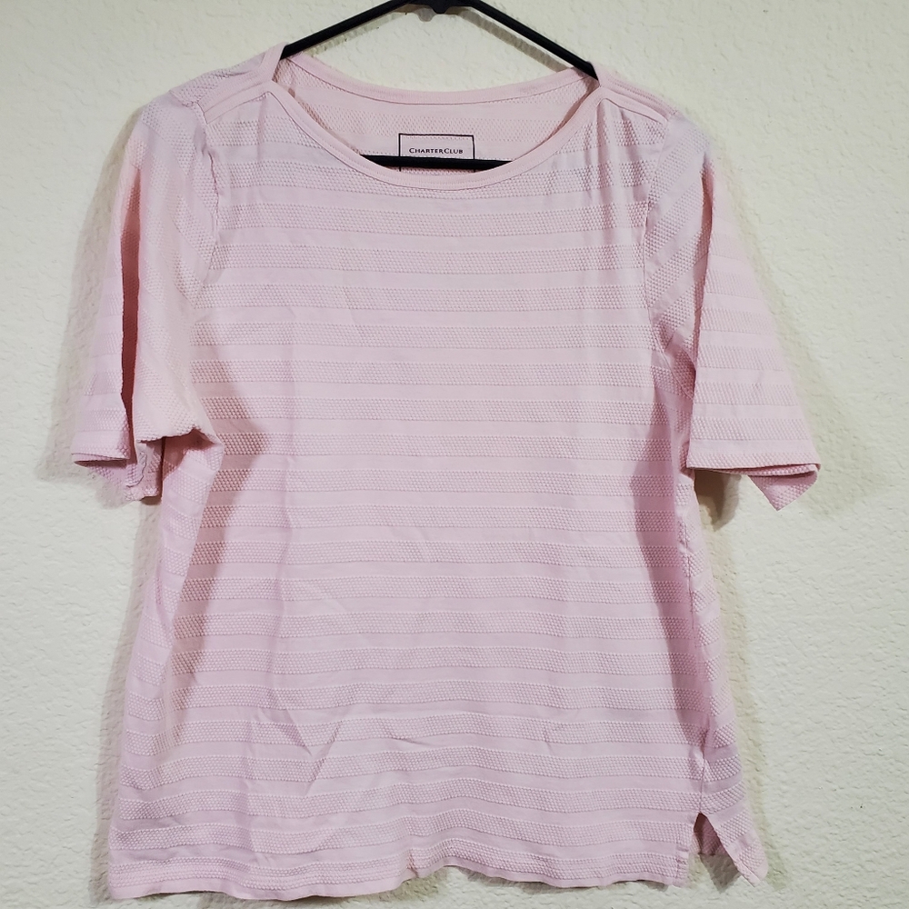 Charter Club Prima Cotton Soft Pink Short Sleeve Womens‎ Shirt XL Stripe Knitted